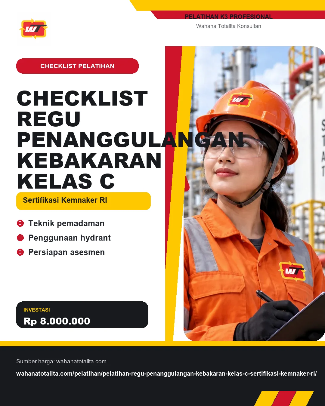 Checklist Regu Penanggulangan Kebakaran Kelas C Sertifikasi Kemnaker RI dengan informasi Teknik pemadaman, Penggunaan hydrant, Persiapan asesmen