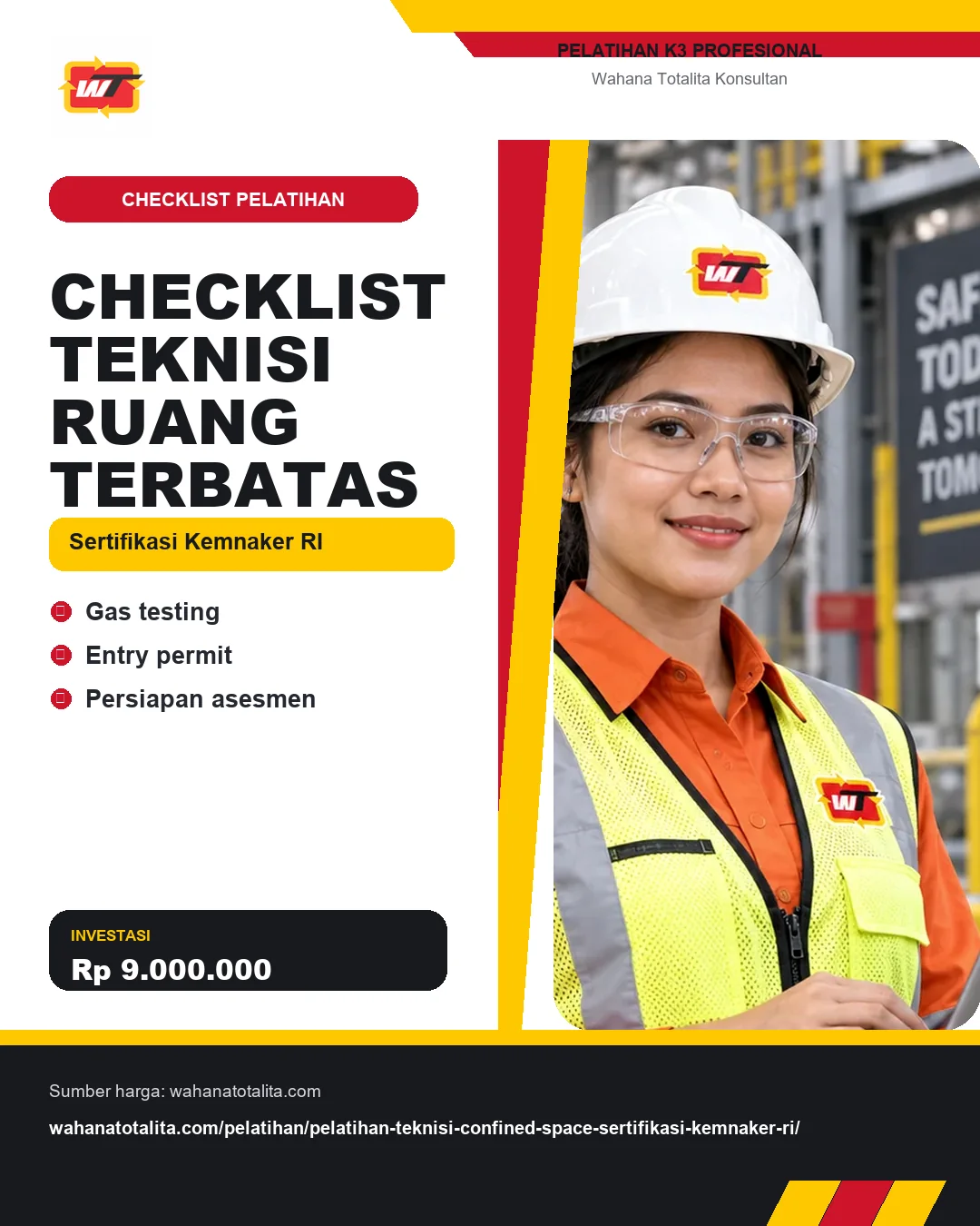 Checklist Teknisi Ruang Terbatas Sertifikasi Kemnaker RI dengan informasi Gas testing, Entry permit, Persiapan asesmen