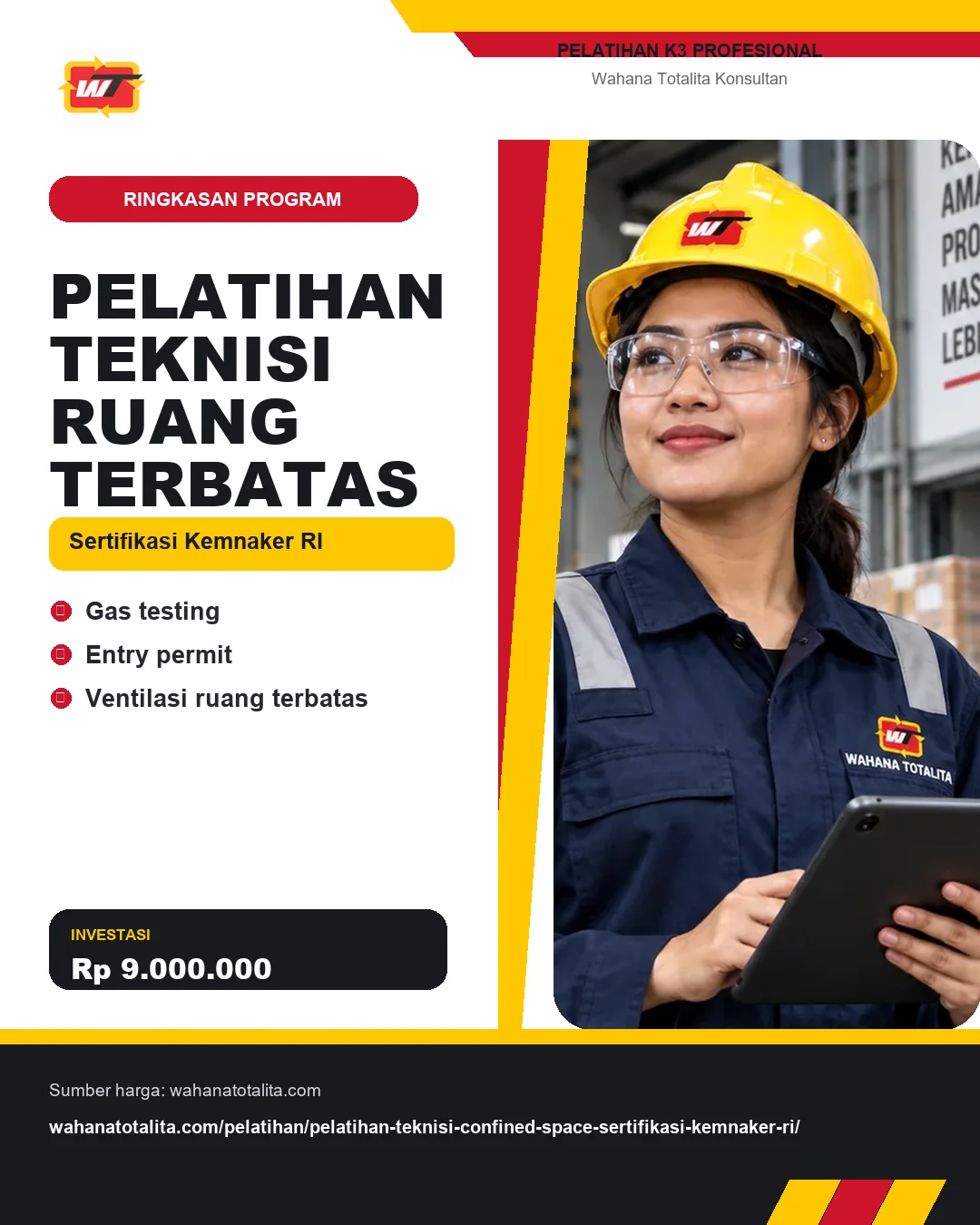 Pelatihan Teknisi Ruang Terbatas Sertifikasi Kemnaker RI dengan informasi Gas testing, Entry permit, Ventilasi ruang terbatas