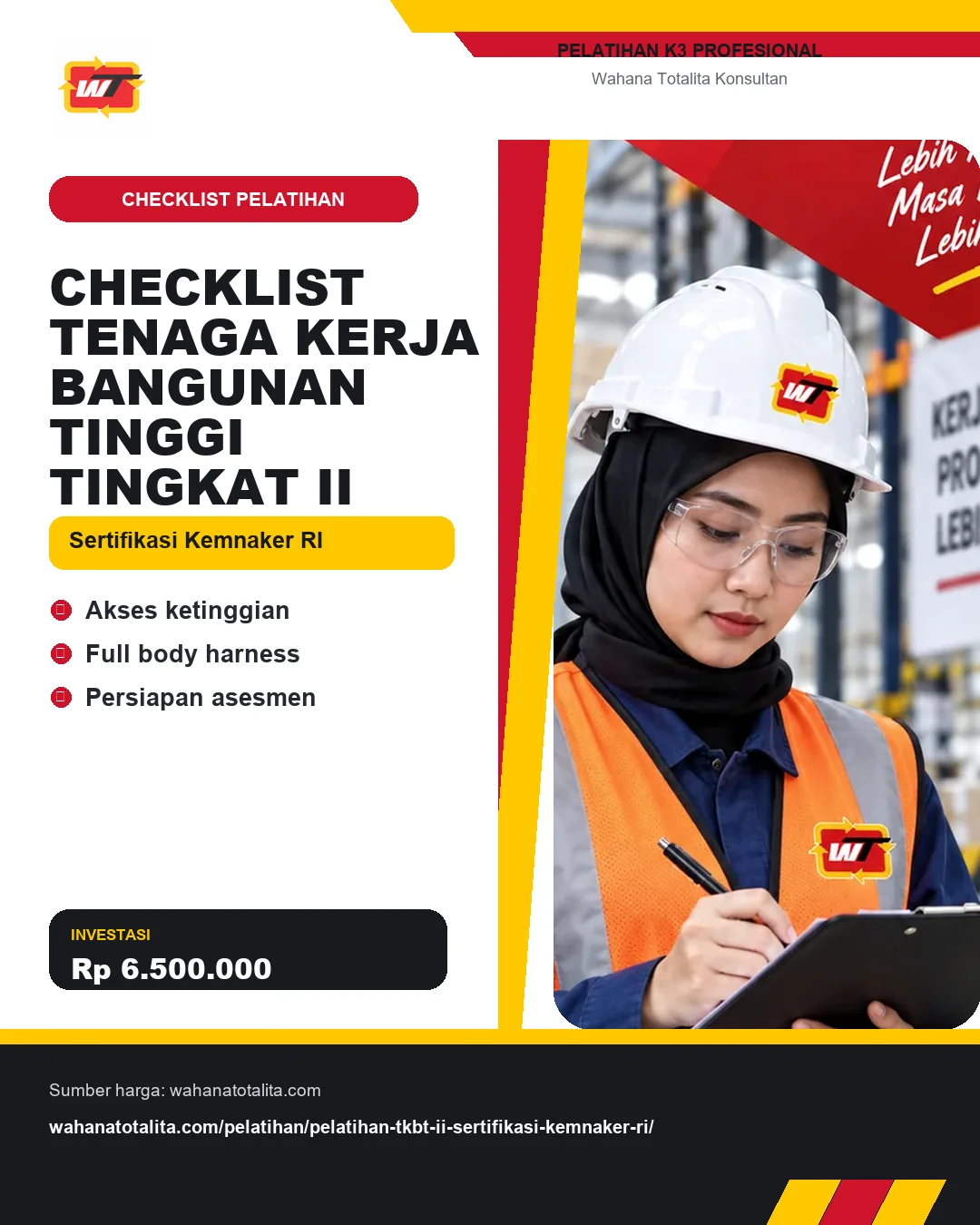 Checklist Tenaga Kerja Bangunan Tinggi Tingkat II Sertifikasi Kemnaker RI dengan informasi Akses ketinggian, Full body harness, Persiapan asesmen