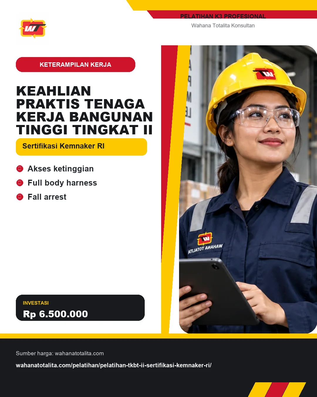 Keahlian Praktis Tenaga Kerja Bangunan Tinggi Tingkat II Sertifikasi Kemnaker RI dengan informasi Akses ketinggian, Full body harness, Fall arrest