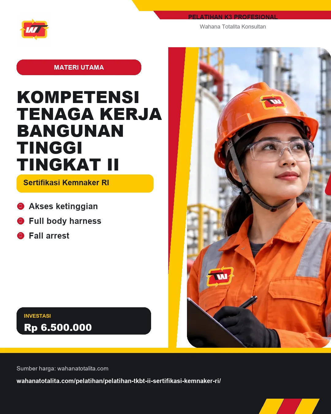 Kompetensi Tenaga Kerja Bangunan Tinggi Tingkat II Sertifikasi Kemnaker RI dengan informasi Akses ketinggian, Full body harness, Fall arrest