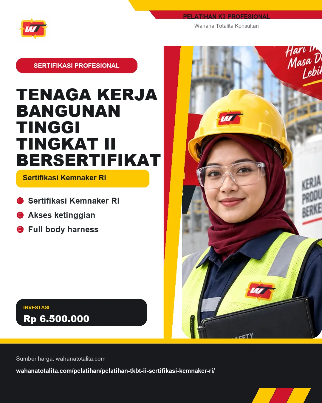 Tenaga Kerja Bangunan Tinggi Tingkat II Bersertifikat Sertifikasi Kemnaker RI dengan informasi Sertifikasi Kemnaker RI, Akses ketinggian, Full body harness